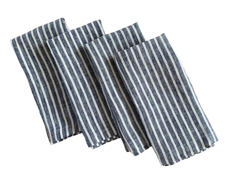 Eight Owls Linen Napkins â€“ Stonewashed Pure Linen Stripe Cloth Dinner Napkins â€“ Created from French Flax - Mitered Corners â€“ Set of 4 (Navy Blue/White Stripe) - Image 1